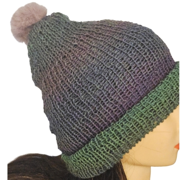 Hand Crafted Crochet beanie Handmade winter hat upcycled pom pom Ombrè purple - Picture 10 of 17